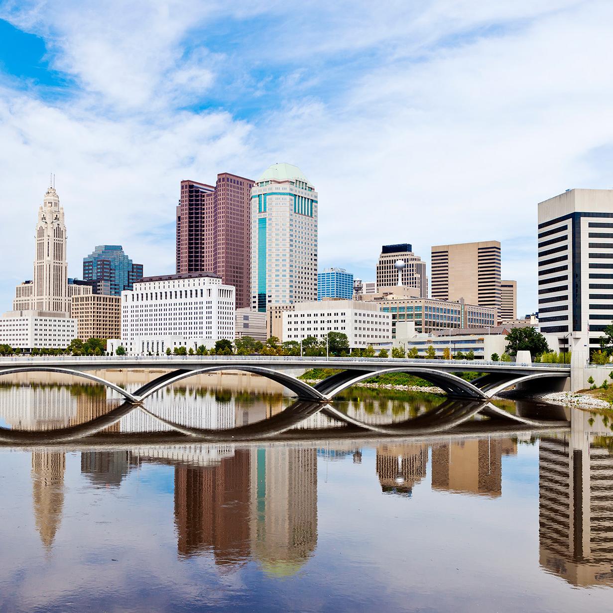 Columbus skyline on a sunny day with blue skies